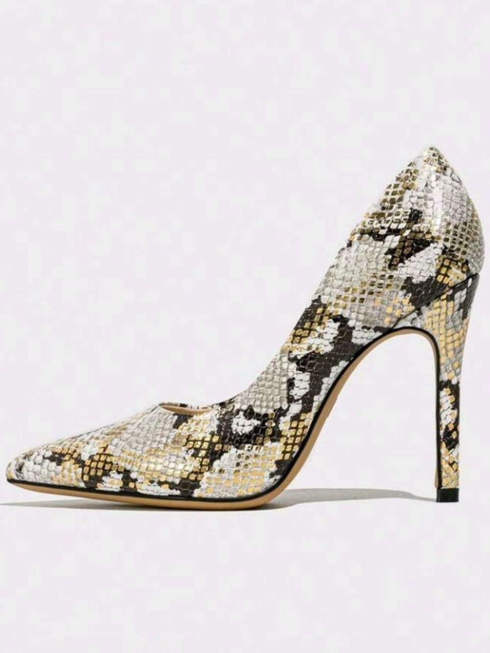Snake-Print Pointed Toe High Heel Pump in White and Gold